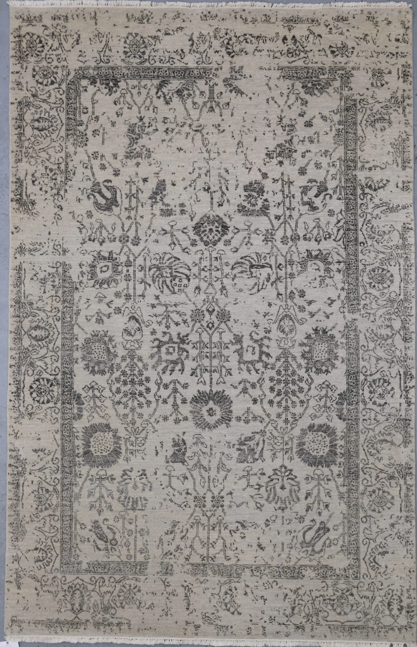 grey floral transitional rug, Hand Knotted Grey, Charcoal Floral NZ Wool & Bamboo Silk Rug Veg Dye Indian(245×158)