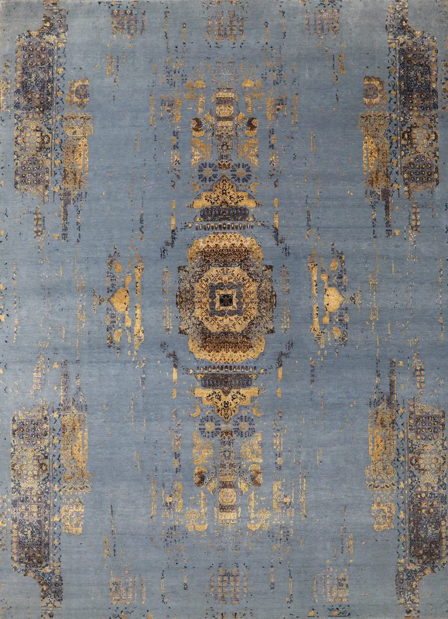 sky blue pagoda design rug, Indian Transitional Rug 343 x 253 cm
