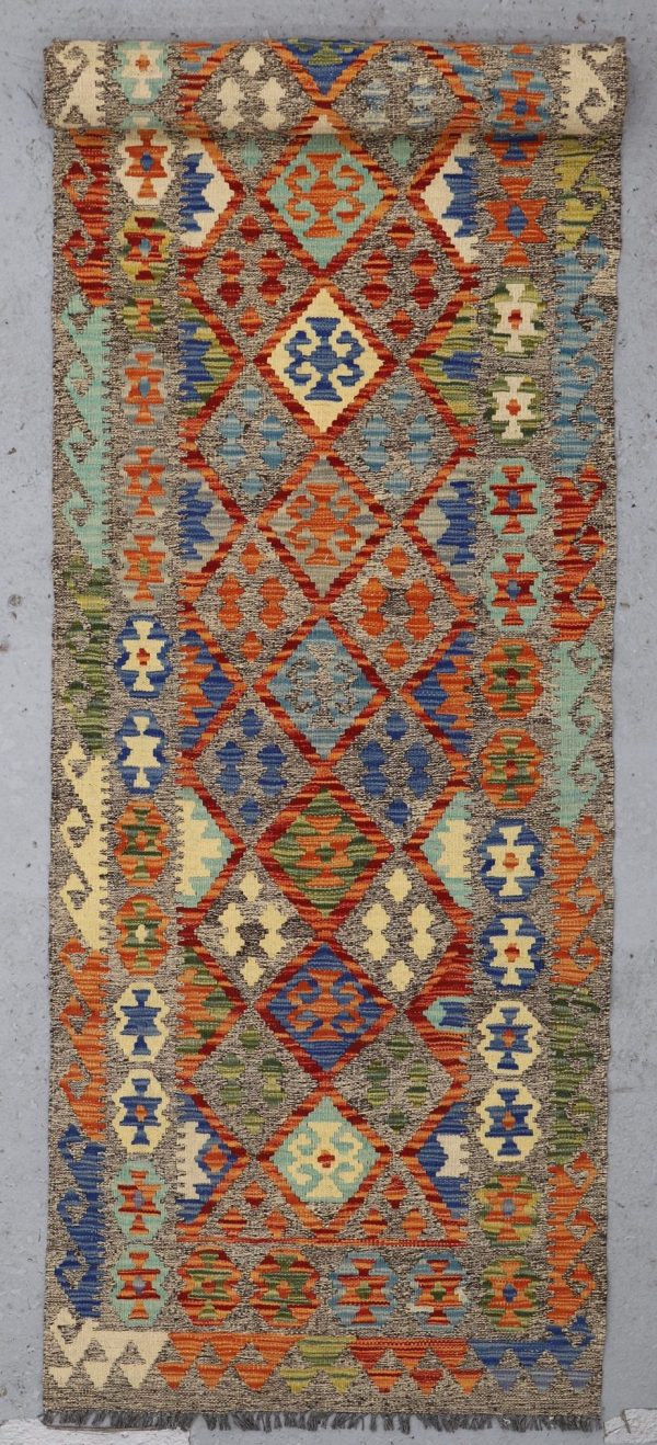 killim Hall Runner, Abrash, Trellis wool Afghan (396×77)cm