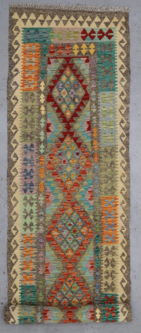 Choobi Killim Runner, Jewel colours Wool Afghan (380×84)cm