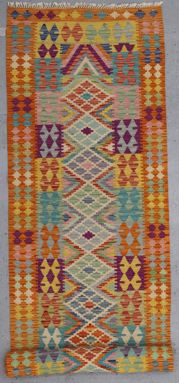 Choobi kilim Flatweave Runner, Promenade Wool afghan (395×88)cm