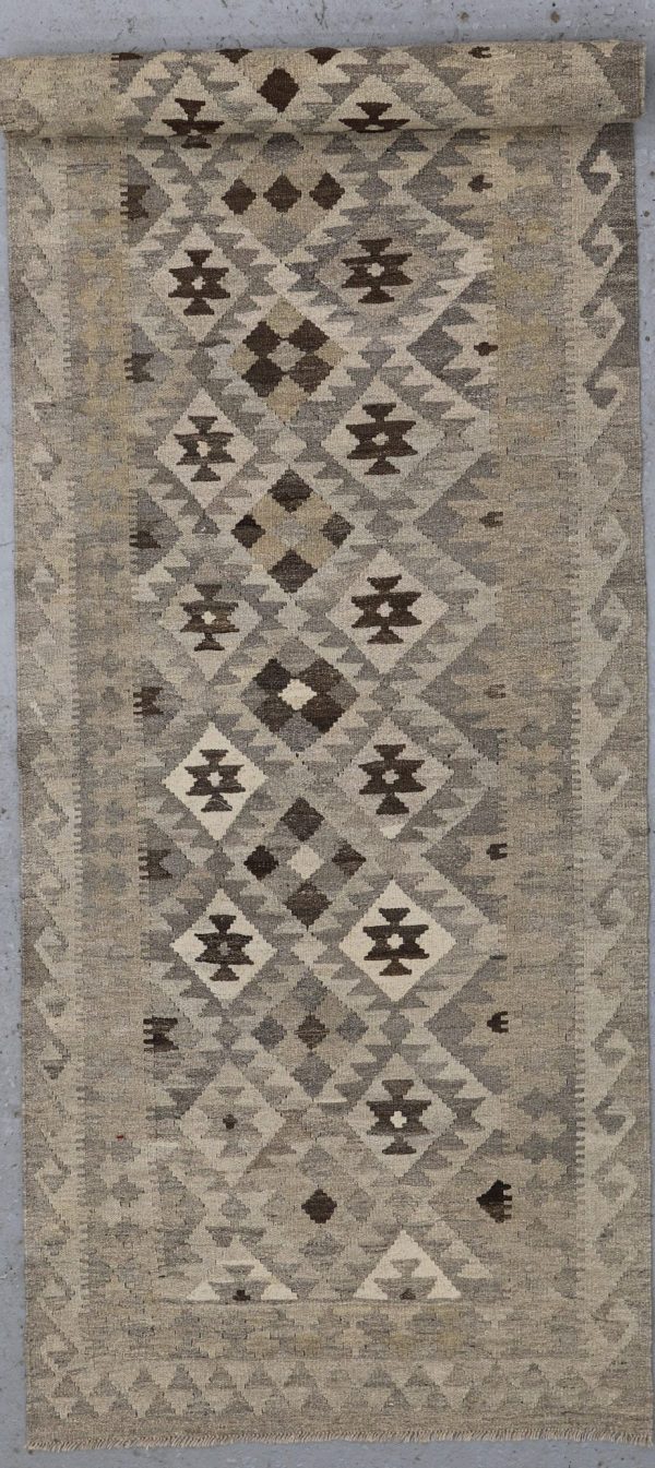 Killim Choobi Runner Grey Chocolate wool Afghan (397×88)cm