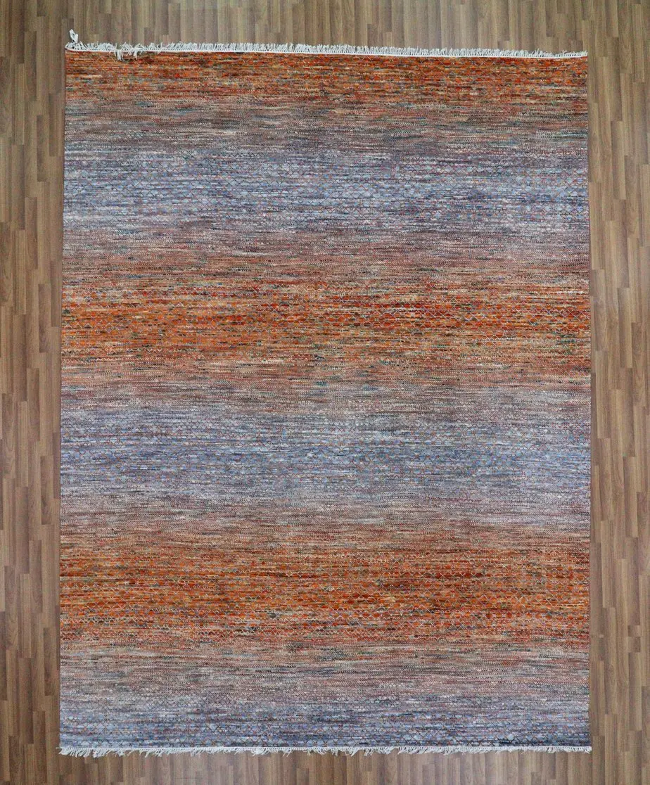 orange grey grass rug, Rainbow Grass Double hand Knotted Rug NZ Wool Veg Dye India (365 x 278) cms