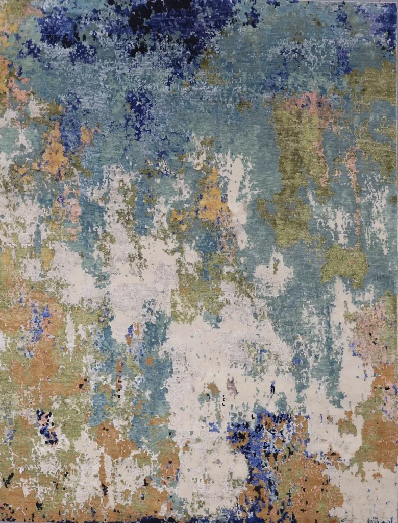 Blues & Greens Abstract Designer Rug,Double hand Knotted,NZ Wool ...