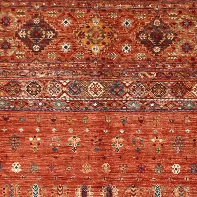 Amber Transitional Designer Rug, Double Hand Knotted, Fine NZ Wool, Veg Dye Afghan (309 x 207)cm, amber transitional rug, close-up detail 1