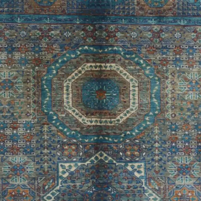 Aqua Blue latest Afghan Design Rug Double Hand Knotted Super Fine NZ Wool Veg Dye(202 x 153)cm, aqua blue afghan design rug, close-up detail 1
