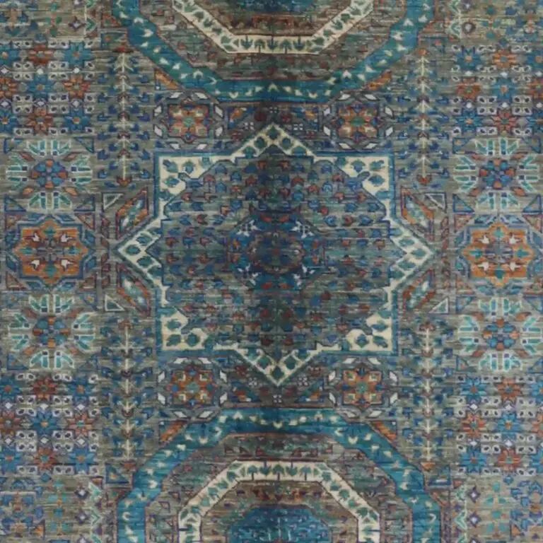 Aqua Blue latest Afghan Design Rug Double Hand Knotted Super Fine NZ Wool Veg Dye(202 x 153)cm, aqua blue afghan design rug, close-up detail 2