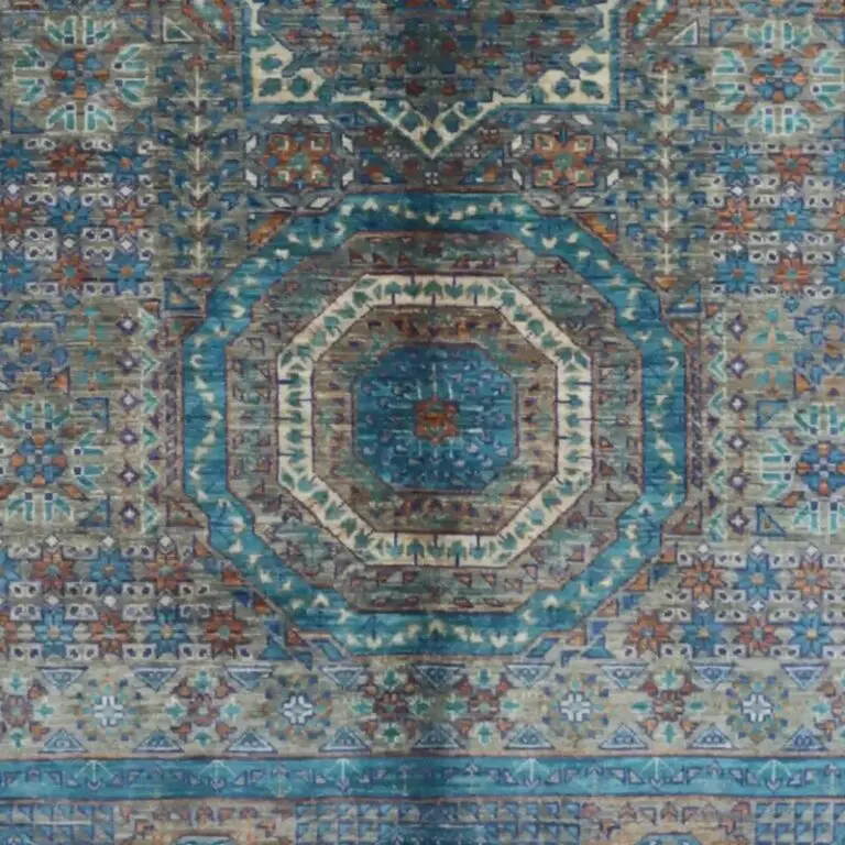 Aqua Blue latest Afghan Design Rug Double Hand Knotted Super Fine NZ Wool Veg Dye(202 x 153)cm, aqua blue afghan design rug, close-up detail 3