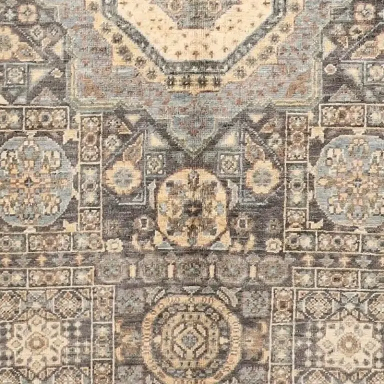 Ash Grey Mamluk Rug, Double Hand Knotted, Fine NZ Wool, Veg Dye, Afghan (183 x 122)cm, ash grey mamluk rug, close-up detail 3