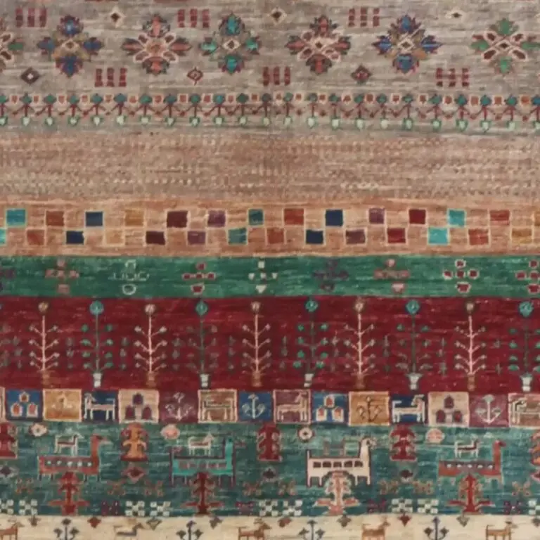 Beige Pictorial Gabbeh Designer Rug Fine NZ Wool Veg Dye Afghan Double hand Knotted (200 x 157)cm, beige pictorial gabbeh rug, close-up detail 1