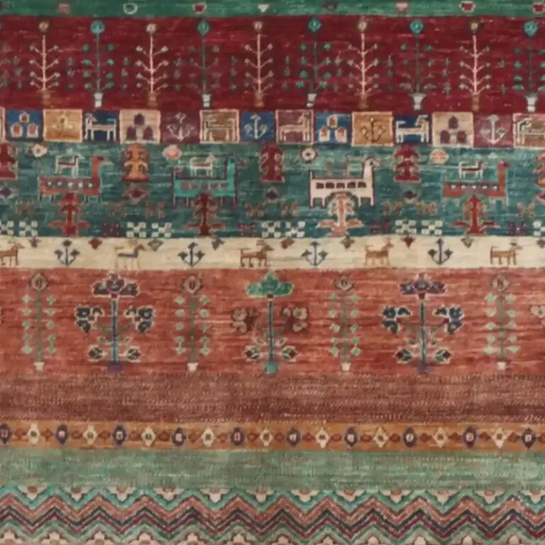 Beige Pictorial Gabbeh Designer Rug Fine NZ Wool Veg Dye Afghan Double hand Knotted (200 x 157)cm, beige pictorial gabbeh rug, close-up detail 2