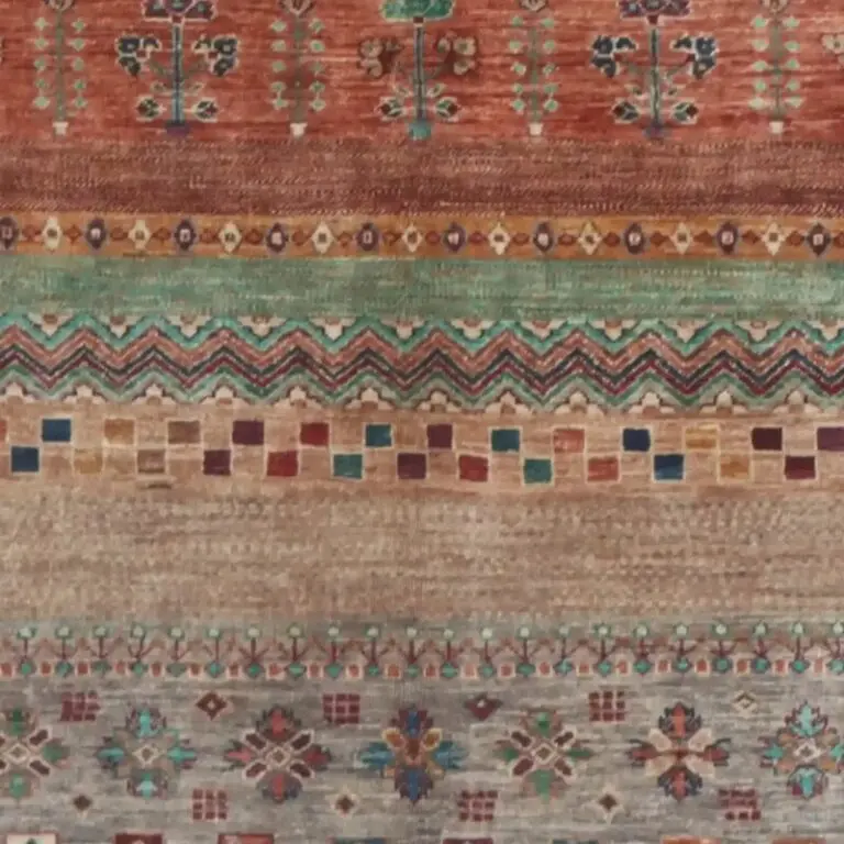 Beige Pictorial Gabbeh Designer Rug Fine NZ Wool Veg Dye Afghan Double hand Knotted (200 x 157)cm, beige pictorial gabbeh rug, close-up detail 3