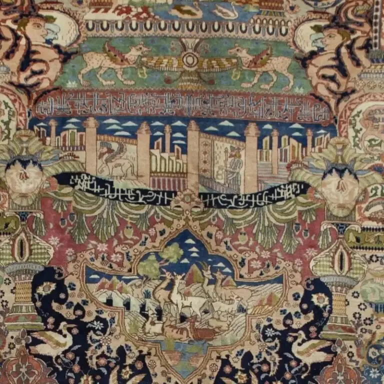 Neshaboor Vintage Historical Persian Rug, Double Hand Knotted, Lamb Handspun wool, Veg Dye, Iran(383×298)cm, beige vintage neshaboor rug, close-up detail 1