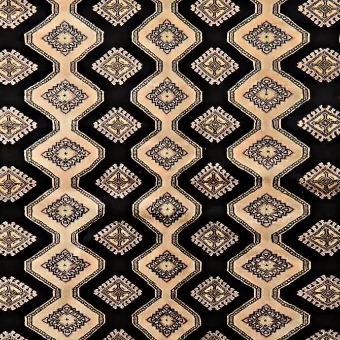 Black & Beige Jaldar rug < Hand Knotted, NZ Handspun Wool&silk, Pakistan (312 x 202)cm, black beige jaldar rug, close-up detail 2