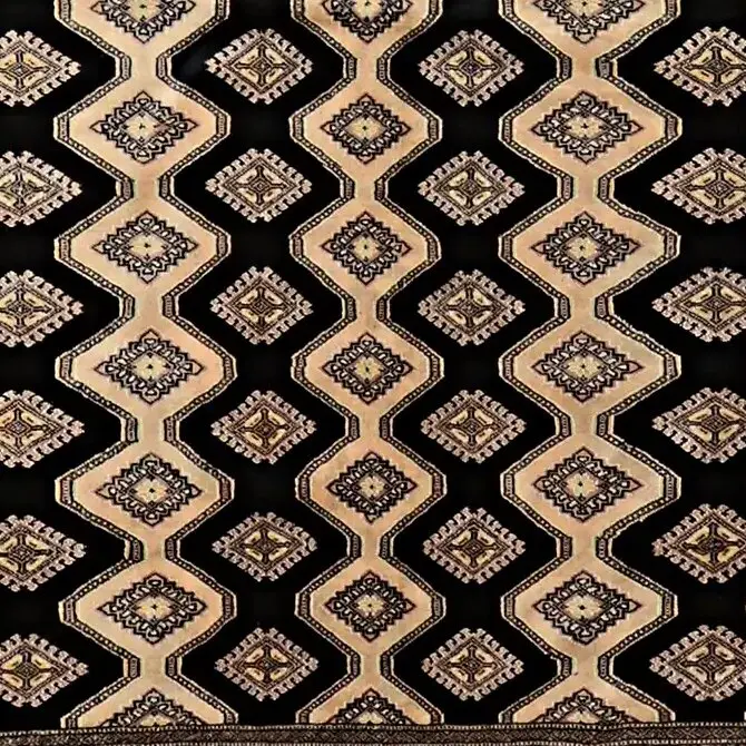 Black & Beige Jaldar rug < Hand Knotted, NZ Handspun Wool&silk, Pakistan (312 x 202)cm, black beige jaldar rug, close-up detail 3
