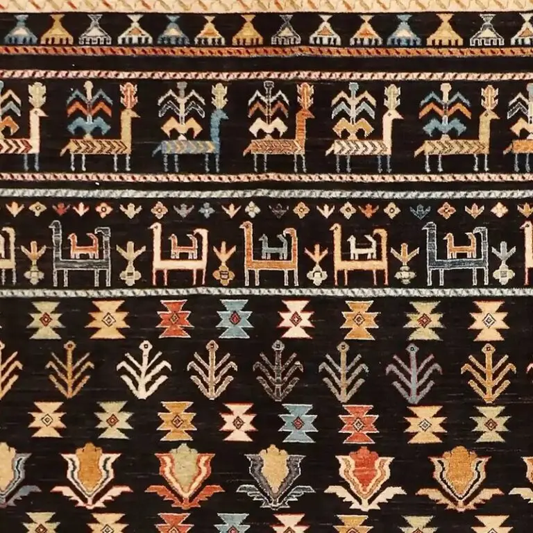 Onyx Black Pictorial Gabbeh designer Rug, Double Hand Knotted, NZ Wool, Veg Dye, Afghan (314 x 243)cm, black pictorial gabbeh rug, close-up detail 1