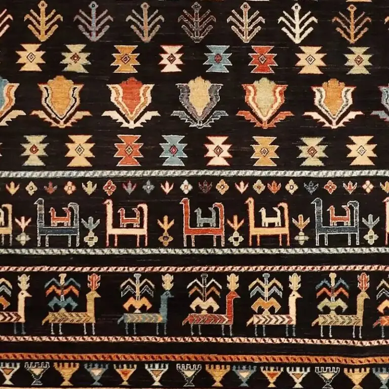 Onyx Black Pictorial Gabbeh designer Rug, Double Hand Knotted, NZ Wool, Veg Dye, Afghan (314 x 243)cm, black pictorial gabbeh rug, close-up detail 3