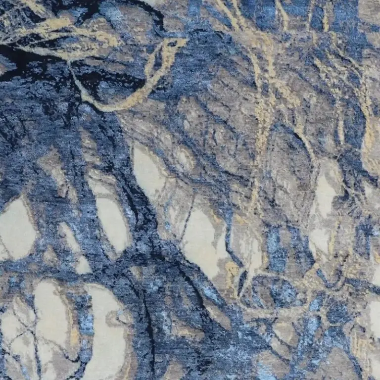 Blue Lightning Abstract Swirl Design Rug NZ Double Hand Knotted NZ Wool & Bamboo Silk India(304 x 2400cm, blue abstract swirl rug, close-up detail 1