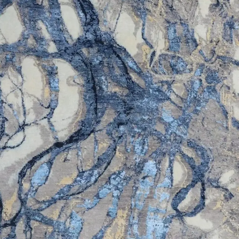 Blue Lightning Abstract Swirl Design Rug NZ Double Hand Knotted NZ Wool & Bamboo Silk India(304 x 2400cm, blue abstract swirl rug, close-up detail 2