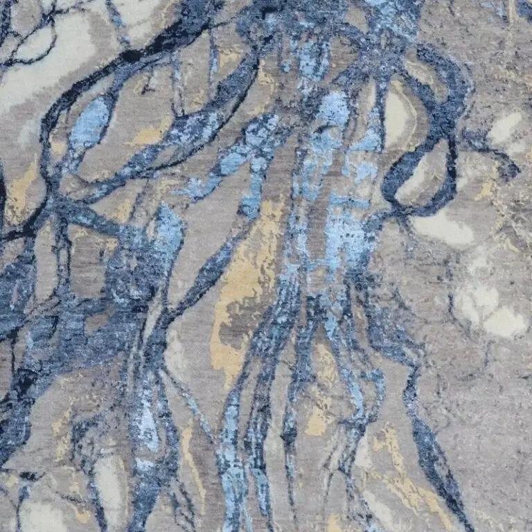Blue Lightning Abstract Swirl Design Rug NZ Double Hand Knotted NZ Wool & Bamboo Silk India(304 x 2400cm, blue abstract swirl rug, close-up detail 3