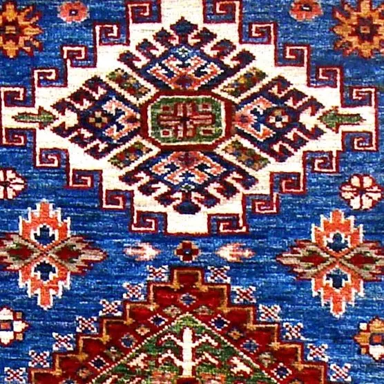 Super Kazak Rug - 120 x 84, blue afghan kazak rug, close-up detail 1