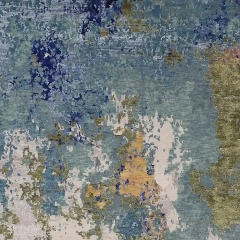 Blues & Greens Abstract Designer Rug, Double hand Knotted, NZ Wool &Bamboo Silk, Veg Dye, Jaipour India ( 300 x 240)cm, blue and green abstract rug, close-up detail 1
