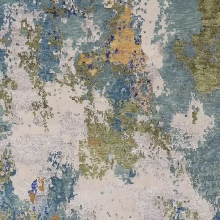 Blues & Greens Abstract Designer Rug, Double hand Knotted, NZ Wool &Bamboo Silk, Veg Dye, Jaipour India ( 300 x 240)cm, blue and green abstract rug, close-up detail 2