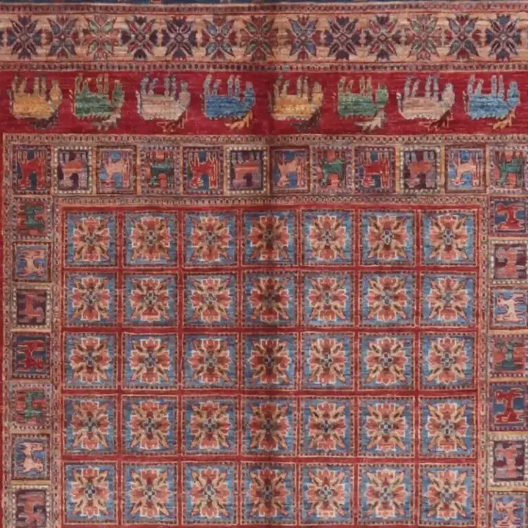 Pazarik Double Hand Knotted Rug NZ Wool German Dye Afghan(330 x 251)cm, blue and red pazarik rug, close-up detail 1