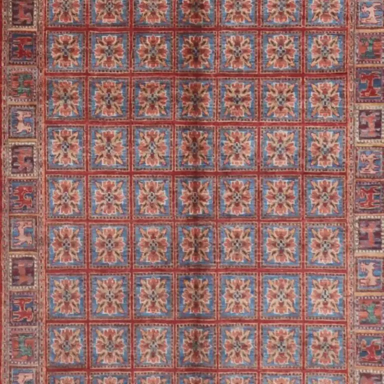 Pazarik Double Hand Knotted Rug NZ Wool German Dye Afghan(330 x 251)cm, blue and red pazarik rug, close-up detail 2