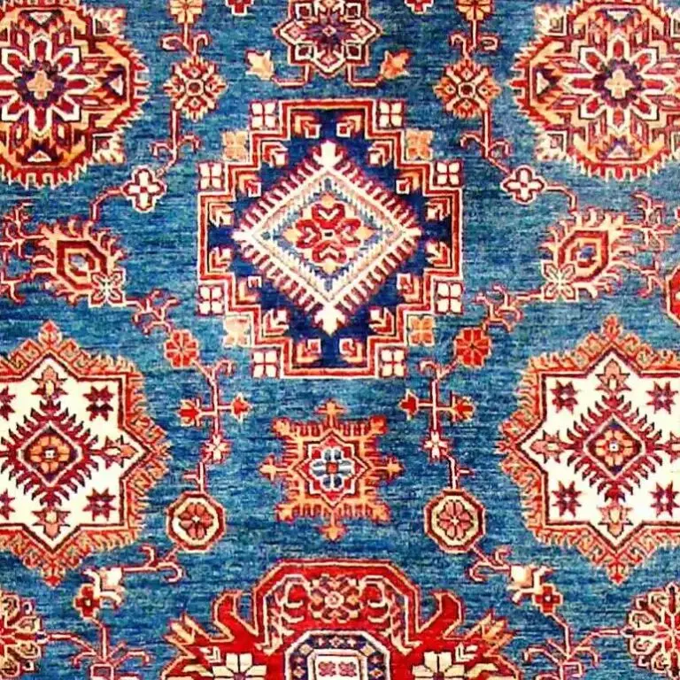 Super Kazak Rug 246 x 167, blue cream border kazak rug, close-up detail 1