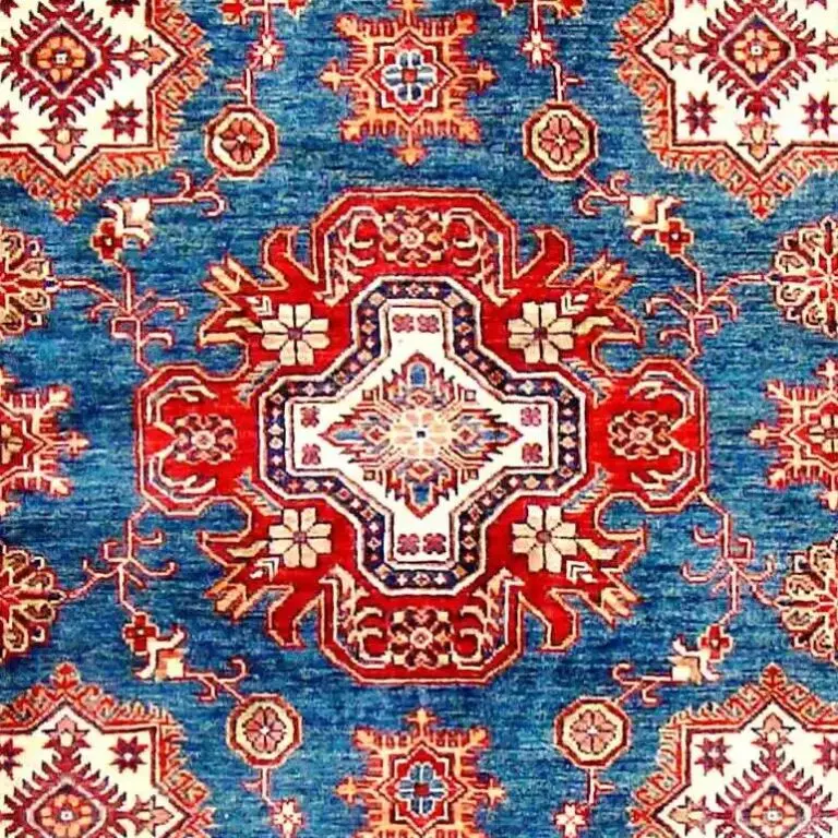 Super Kazak Rug 246 x 167, blue cream border kazak rug, close-up detail 2
