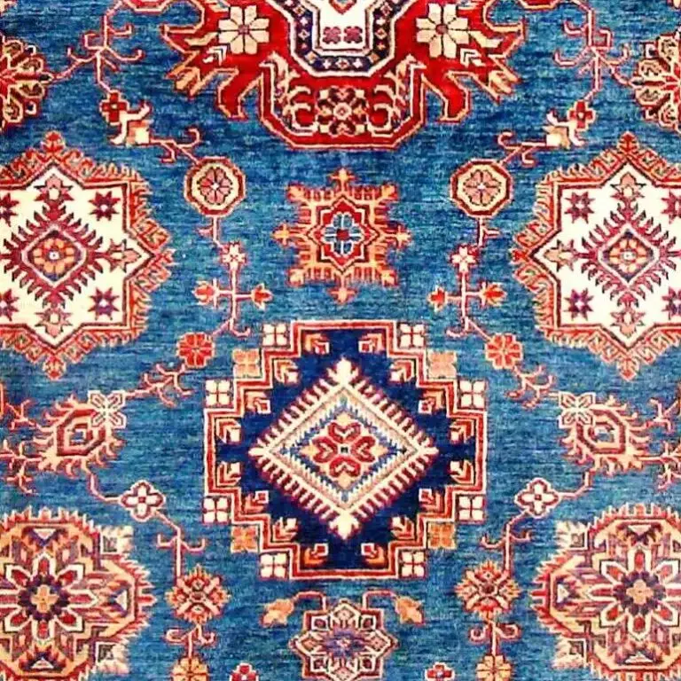 Super Kazak Rug 246 x 167, blue cream border kazak rug, close-up detail 3