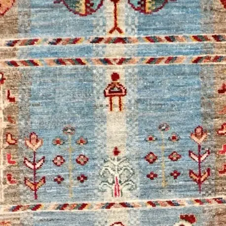 Multi Colour Derakhti Blue Designer Runner, Double hand Knotted, NZ Wool, Veg Dye, Afghan ( 218 x 83)cm, blue derakhti afghan runner, close-up detail 1