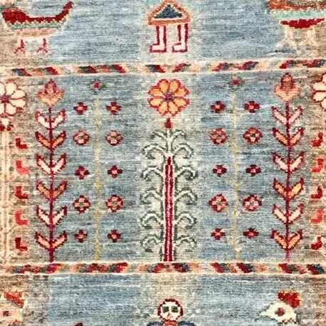 Multi Colour Derakhti Blue Designer Runner, Double hand Knotted, NZ Wool, Veg Dye, Afghan ( 218 x 83)cm, blue derakhti afghan runner, close-up detail 2