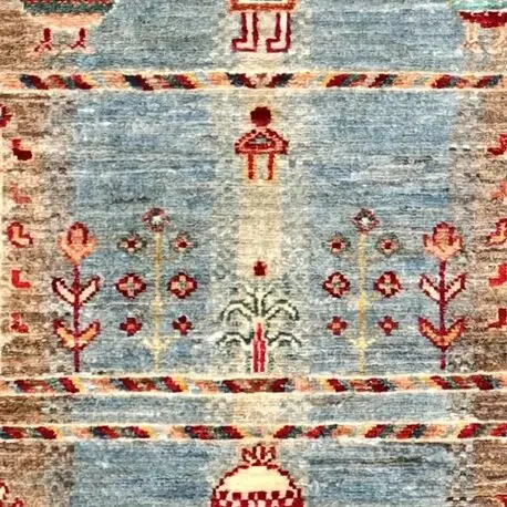 Multi Colour Derakhti Blue Designer Runner, Double hand Knotted, NZ Wool, Veg Dye, Afghan ( 218 x 83)cm, blue derakhti afghan runner, close-up detail 3