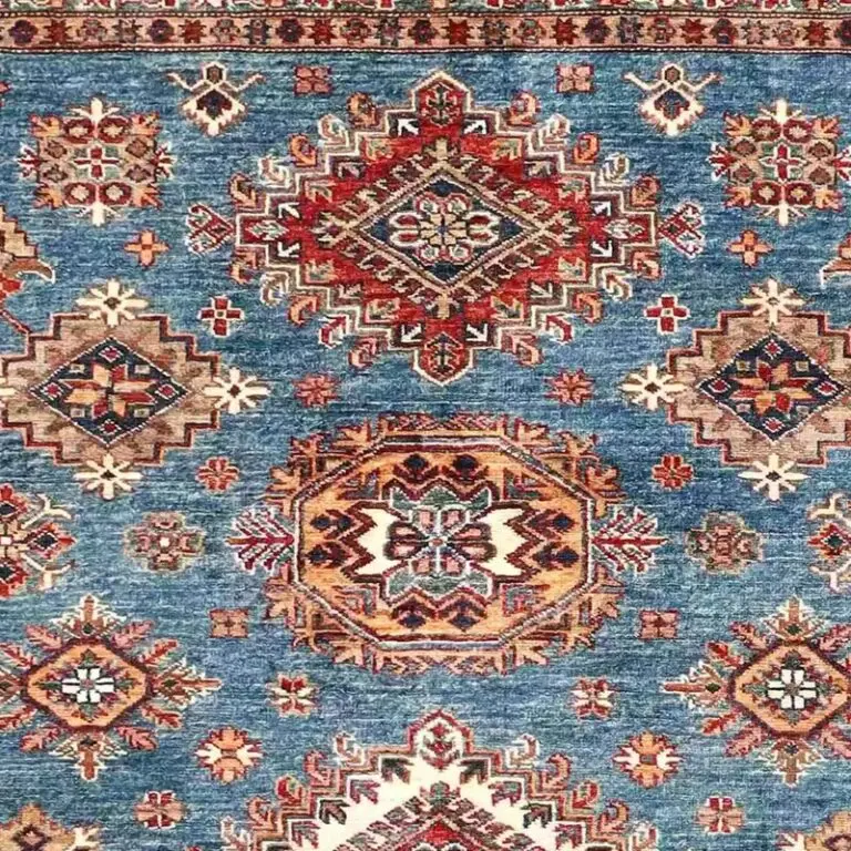 Super Kazak Rug - 233 x 177, blue geometric kazak rug, close-up detail 1