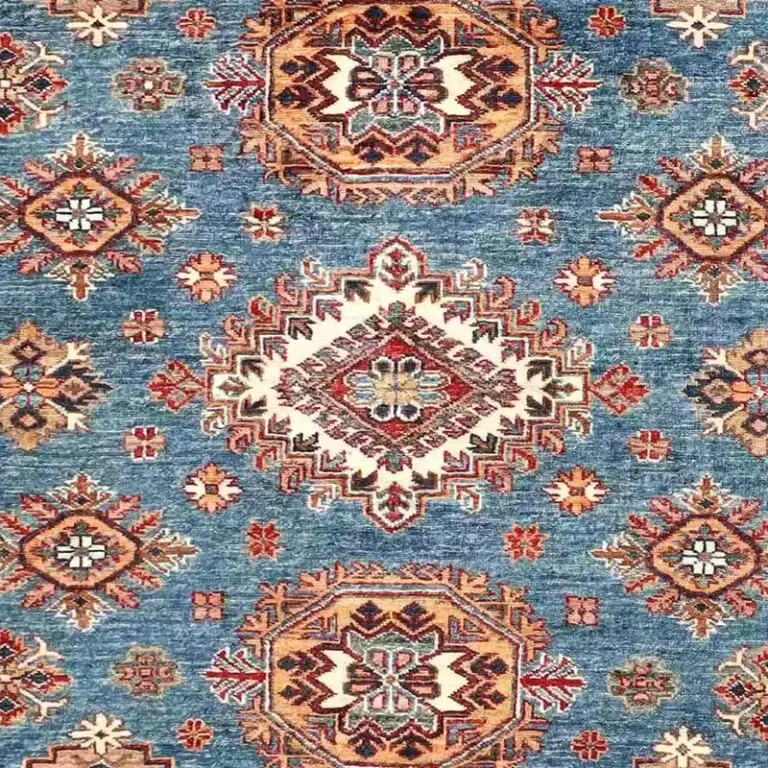 Super Kazak Rug - 233 x 177, blue geometric kazak rug, close-up detail 2