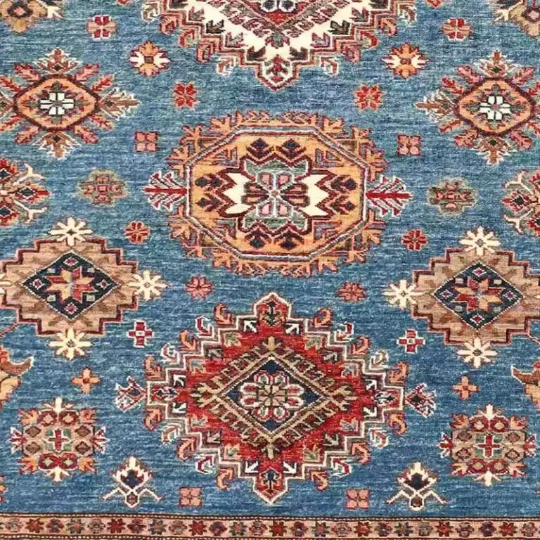 Super Kazak Rug - 233 x 177, blue geometric kazak rug, close-up detail 3