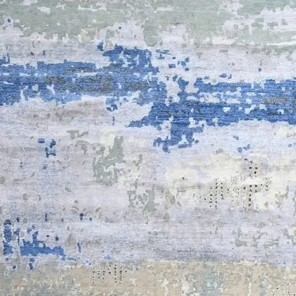 Abstract Blue Silver Designer Rug, Double Hand Knotted, NZ Handspun Wool, Veg Dye, Jaipur (465X265)cm, blue grey abstract rug, close-up detail 1