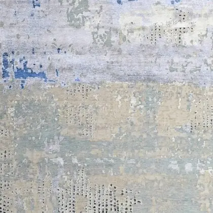 Abstract Blue Silver Designer Rug, Double Hand Knotted, NZ Handspun Wool, Veg Dye, Jaipur (465X265)cm, blue grey abstract rug, close-up detail 2