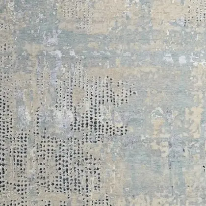 Abstract Blue Silver Designer Rug, Double Hand Knotted, NZ Handspun Wool, Veg Dye, Jaipur (465X265)cm, blue grey abstract rug, close-up detail 3