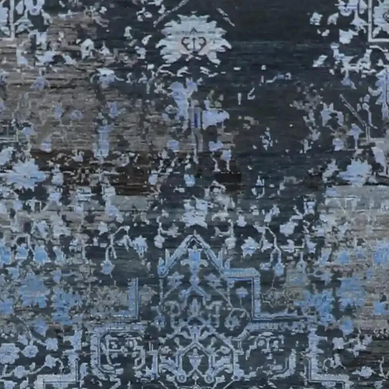 Blue Grey Contemporary Designer Rug, Double Hand Knotted, NZ Handspun Wool& B Silk, Veg Dye Jaipur (270 x 180)cm, blue grey contemporary rug, close-up detail 1