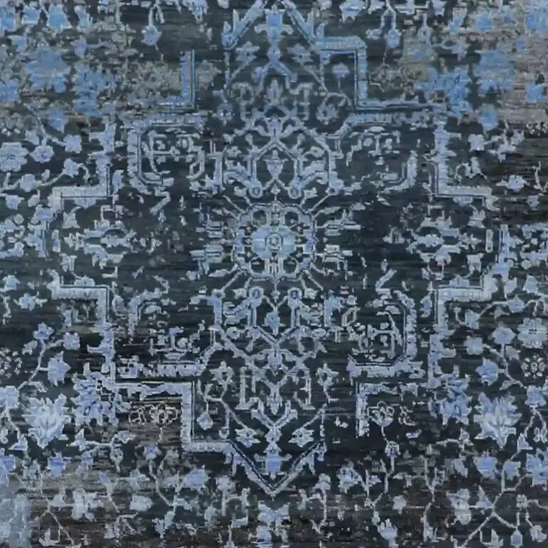 Blue Grey Contemporary Designer Rug, Double Hand Knotted, NZ Handspun Wool& B Silk, Veg Dye Jaipur (270 x 180)cm, blue grey contemporary rug, close-up detail 2