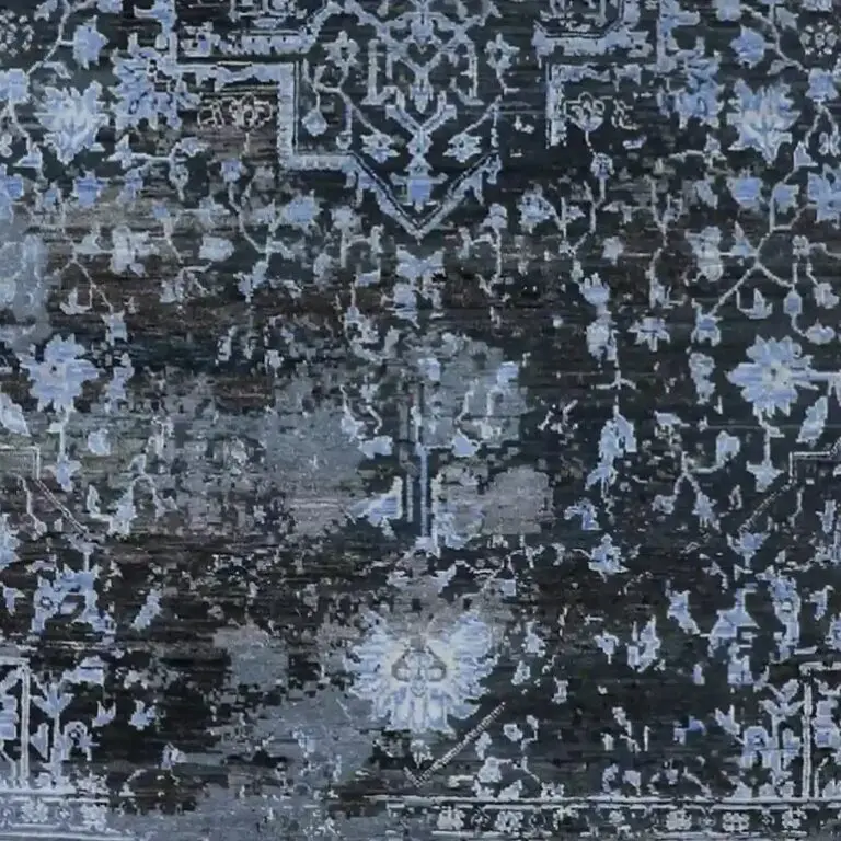Blue Grey Contemporary Designer Rug, Double Hand Knotted, NZ Handspun Wool& B Silk, Veg Dye Jaipur (270 x 180)cm, blue grey contemporary rug, close-up detail 3