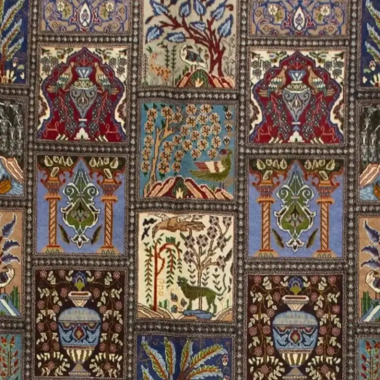 Frame Designed Kashmar Rug Double hand Knotted, fine Handspun lamb Wool, Veg Dye, Iran (403 x 296)cm, blue kashmar persian rug, close-up detail 1