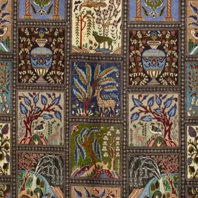 Frame Designed Kashmar Rug Double hand Knotted, fine Handspun lamb Wool, Veg Dye, Iran (403 x 296)cm, blue kashmar persian rug, close-up detail 2