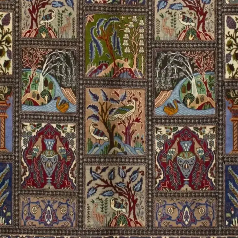 Frame Designed Kashmar Rug Double hand Knotted, fine Handspun lamb Wool, Veg Dye, Iran (403 x 296)cm, blue kashmar persian rug, close-up detail 3