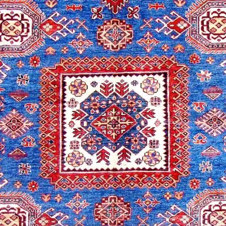 Super Kazak Rug - 307 x 199, blue lamb wool kazak rug, close-up detail 2