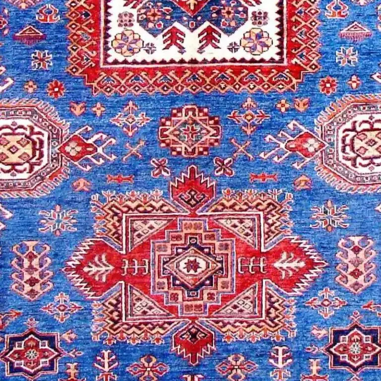 Super Kazak Rug - 307 x 199, blue lamb wool kazak rug, close-up detail 3