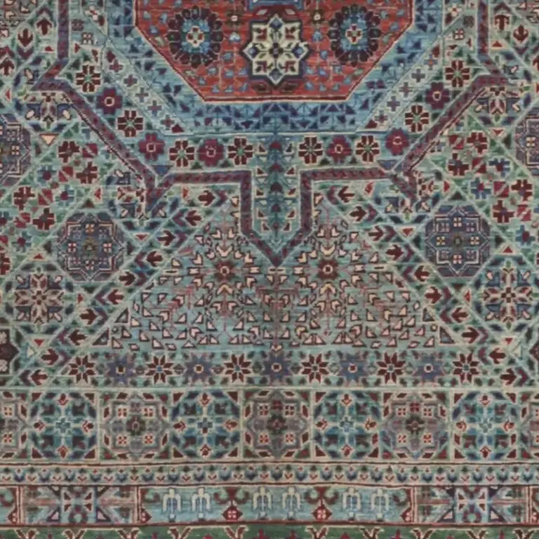 Blue Mamluk Super Fine Rug, Double Hand knotted, NZ Handspun Wool, Veg Dye Afghan (213 x 150)cm, blue mamluk afghan rug, close-up detail 3
